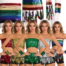 Womens Outfit Nightclub Sets Crop Top Dancewear Miniskirt Disco Shows Sequin