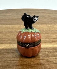 PHB Porcelain Hinged Trinket Box Black Cat On Pumpkin Halloween
