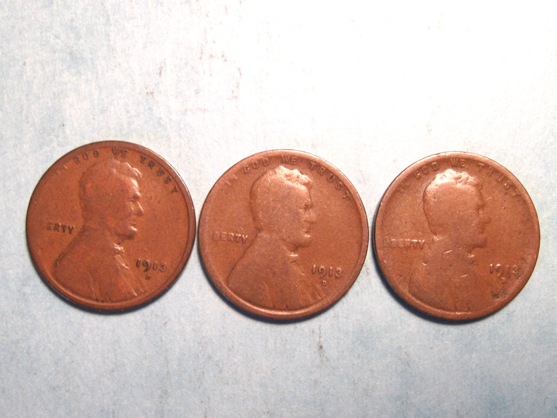 (3) 1913D  LINCOLN WHEAT CENTS, FREE SHIPPING (#534E)
