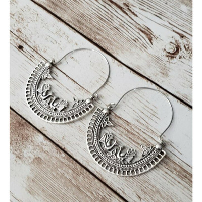 Ornate Peacocks Half Circle Shape Silver Tone Earrings - New