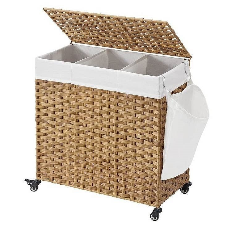 Handwoven PP Wicker 3-Section Laundry Cart with Cotton Liner and Wheels