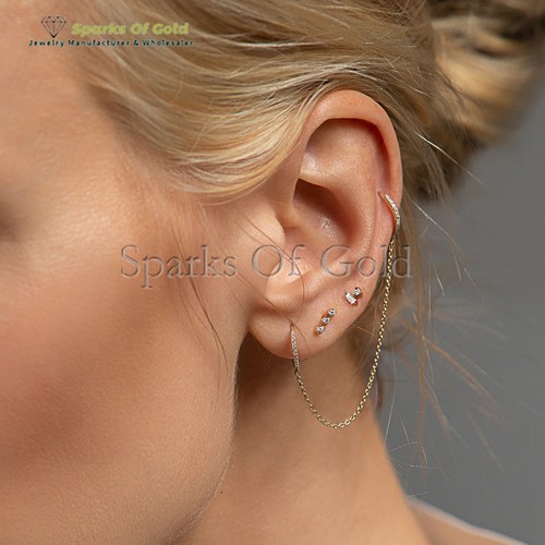 Diamond Double Huggie Chain Earring 14K Yellow Gold Minimalist Jewelry Gifts - Picture 3 of 5