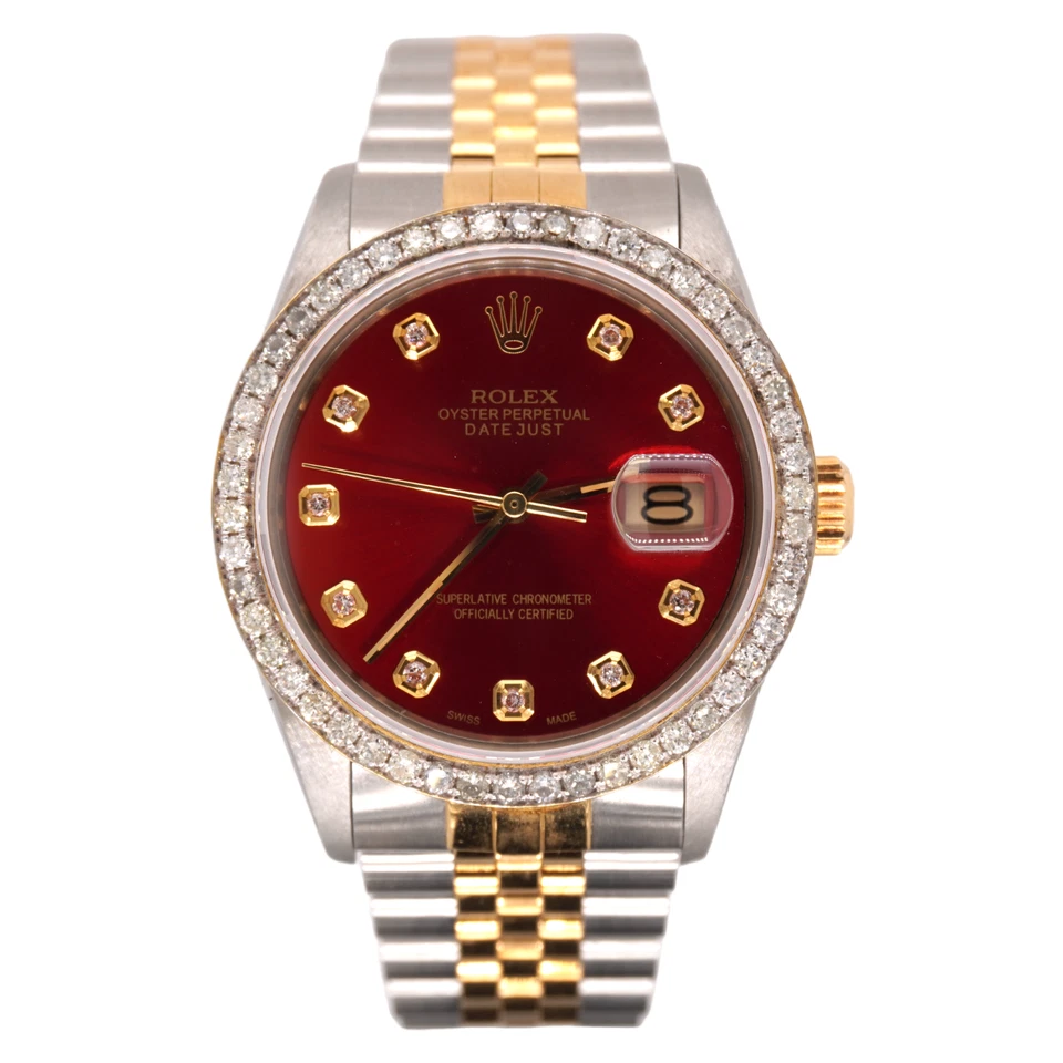 Rolex Mens Datejust 36mm 18k Yellow Gold & Steel ICED 1.50ct Diamonds Red Dial