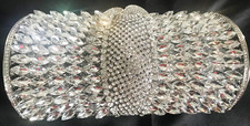 New Stunning Silver With Clear Austrian Crystal Gold Trim Evening Clutch Bag