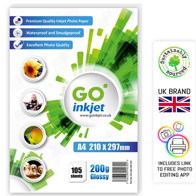 105 Blatt, 200 g/m² Premium A4 Fotopapier glänzend für Tintenstrahldrucker von Go Inkjet