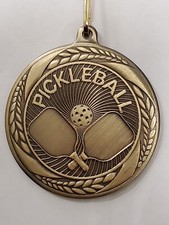 NEW Pickleball GOLD color medal, engraving included, 2 1/8" diam, w/ neck ribbon
