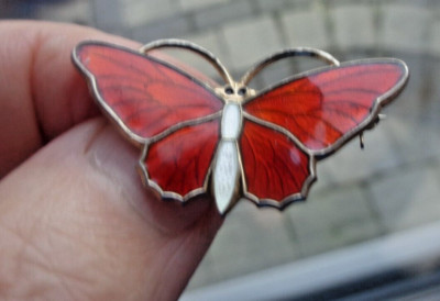 Norwegische Sterlingsilber & Rote Emaille Schmetterling Brosche - Aksel Holmsen
