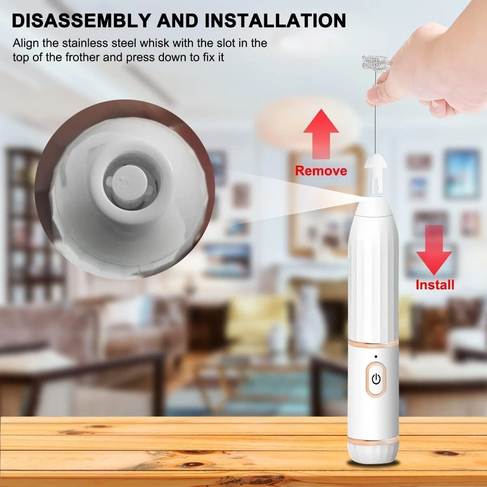 Milk Frother for Coffee Handheld Electric Rechargeable, Double Whisks 2 in 1 Han