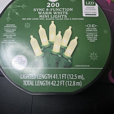 Holiday Time 200-Count Warm White LED Mini Lights with 8 Sync Lighting Functions