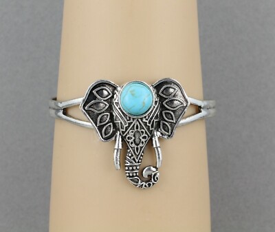 antiqued silver elephant bracelet trunk ears turquoise bead metal cuff bracelet