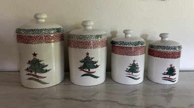 Set Of 4 CHRISTMAS STAR Canister Jars Spongeware Red Green Tree Gibson