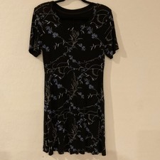 Black Blue White Floral Fit  Flare Dress Scoop Neck Short Sleeve Knit Casual