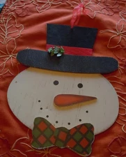 Rustic Wooden Snowman Head With Holly And Ribbon Hanger