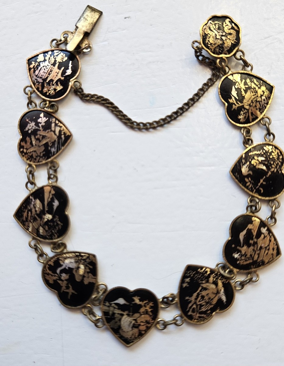Japenese  Damascene Bracelet With 10 Unique Landscapes In Black/24k Gold Details