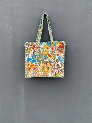 Indian White Frida Print Quilt Shoulder Bag Women's Beach Cotton Tote Handbag US