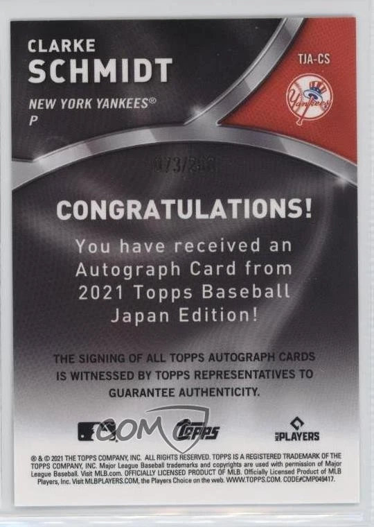 2021 Topps Japan Edition Auto /200 Clarke Schmidt #TJA-CS Rookie Auto RC - Image 2 of 2