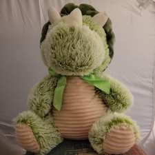 Dandee Plush Triceratops Green Dinosaur Ribbed Ivory Belly Ribbon Soft 16"