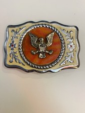 Bald Eagle Belt Buckle Floral Scroll Vtg 80s MADE In USA Polish Classic