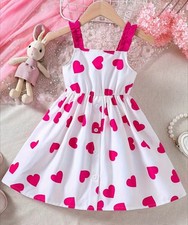 Summer Heart Print Girl's Dress- Casual Sleeveless Polyester Dress with Buttons