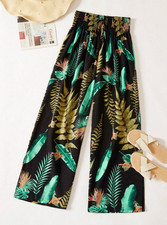 Women's VACAY High Waist Black Wide Leg Pants With Tropical Leaf Print- M/6 