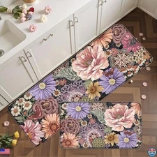 Boho Floral Anti-Fatigue Kitchen Mats Set 2PCS Cushioned Non-Slip 17.3"x28" &