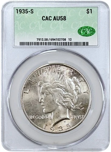 1935 S Peace Dollar CAC AU 58 white-luster VAM 3, Reverse "Four Rays below "ONE"