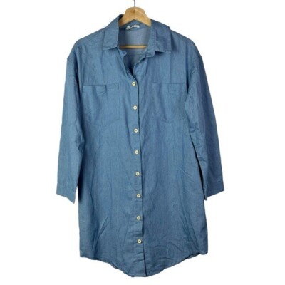 Boutique Blue Denim Wash Full Button Down Long Sleeve Mini Dress S