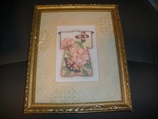 Finished Framed Cross Stitch 11.5" x 10" FLORAL BUTTERFLIES HANGING PICTURE