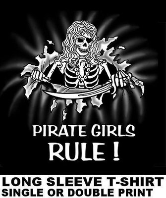 PIRATE GIRLS RULE CARIBBEAN SKULL SKELETON SWORD EYE PATCH TREASURE T-SHIRT 22