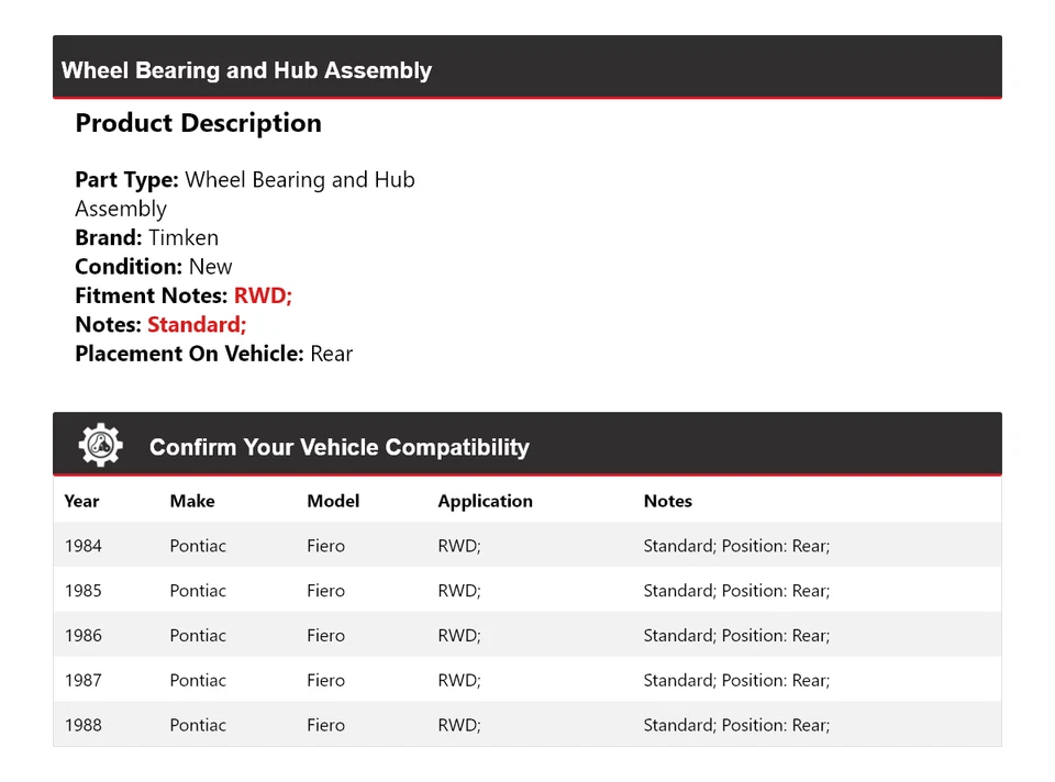 Conjunto de cojinete de rueda y buje trasero Timken 1985 para Pontiac Fiero 1984-1988 tracción trasera Foto 2 de 4