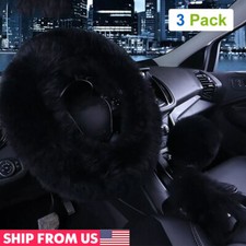 3pcs Car Steering Wheel Cover Furry Fluffy Universal Fur Wool Thick Black 15 In