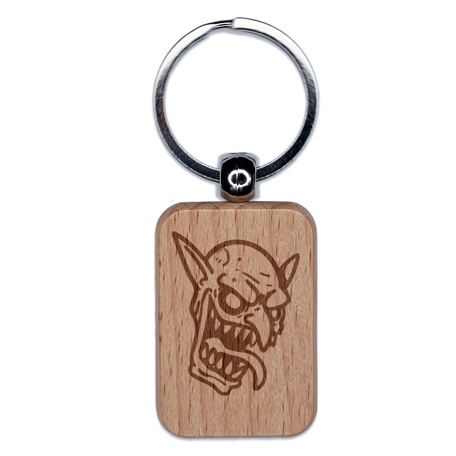 Evil Smiling Goblin Face Engraved Wooden Keychain Charm Tag  
