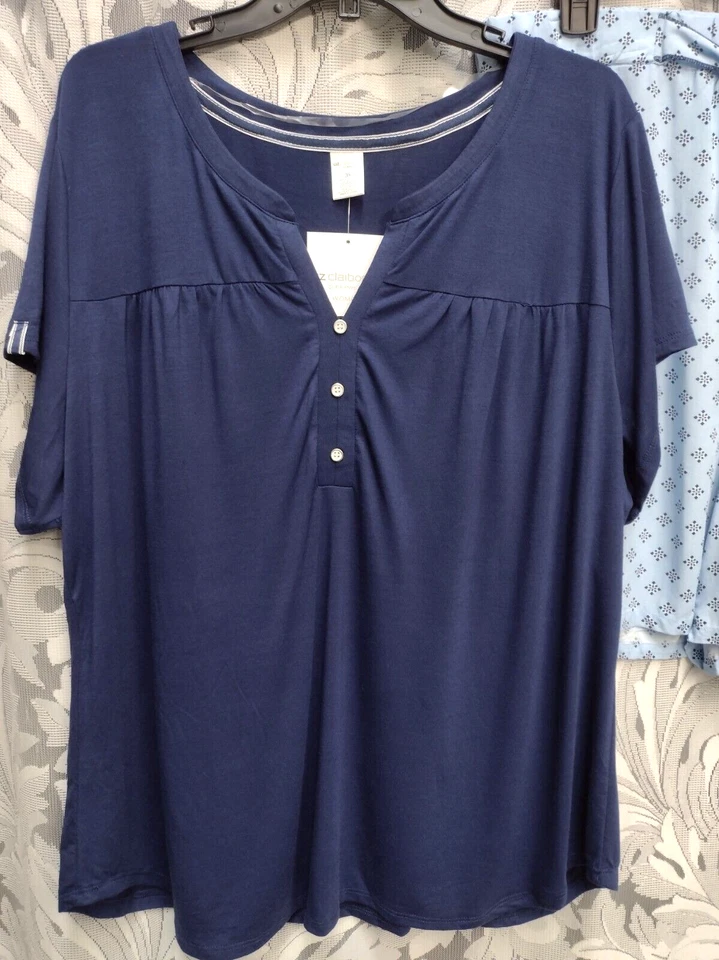 3X JUEGO DE PIJAMAS LIZ CLAIBORNE TOP DE PUNTO AZUL MARINO Y PANTALONES CORTOS TEJIDOS DELANTEROS PULL-UP Foto 3 de 4