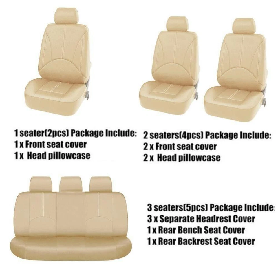 Juego completo de fundas de asiento delanteras traseras aptas para coche de 5 asientos transpirables cuero PU beige Foto 3 de 4