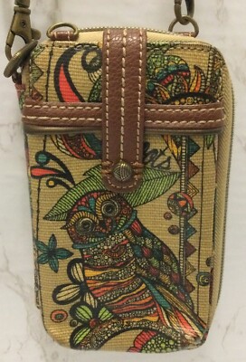 Sakroots Wallet Crossbody Zip Around Cardholder Phone Pocket Owl Earth Tones