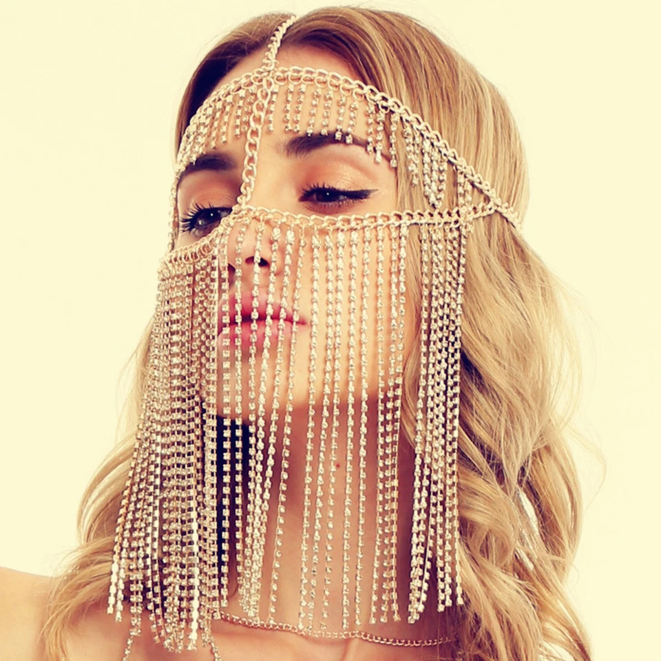 Women Veil Mask Handmade Headwear Rhinestone Chain Tassel Belly Dance Face Mask - Image 2 of 4