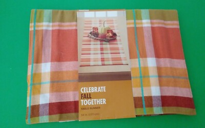 Table Runner Kohl's Plaid Fall Thanksgiving Halloween Tan Orange 54'' Long