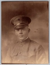 Vtg B W Snapshot WWI US Army Soldier Military Uniform Cap Portrait Photo 1910s
