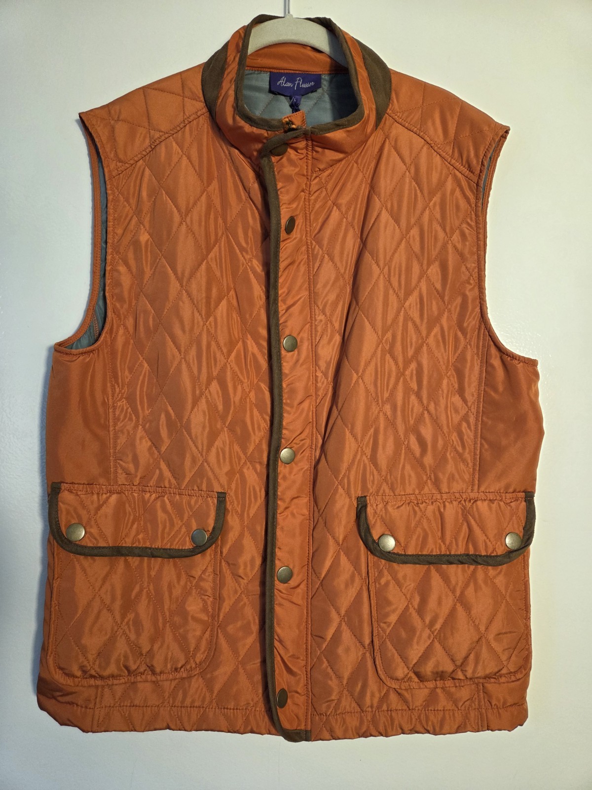 Alan Flusser Vest Quilted Faux Leather Trim Mens Sz L Mid Length Zip & Snap New