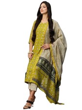 GoSriKi Women's Chanderi Cotton Straight Printed Kurta with Pant  Dupatta