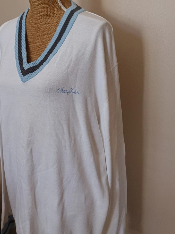 Vintage Y2K Sean John White 3XL, Mens V-Neck Long Sleeve Cotton Sweater, NEW - Image 3 of 4