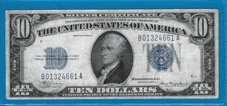 1934A $10 Silver Certificate Note Blue Seal Circ Fine Nice