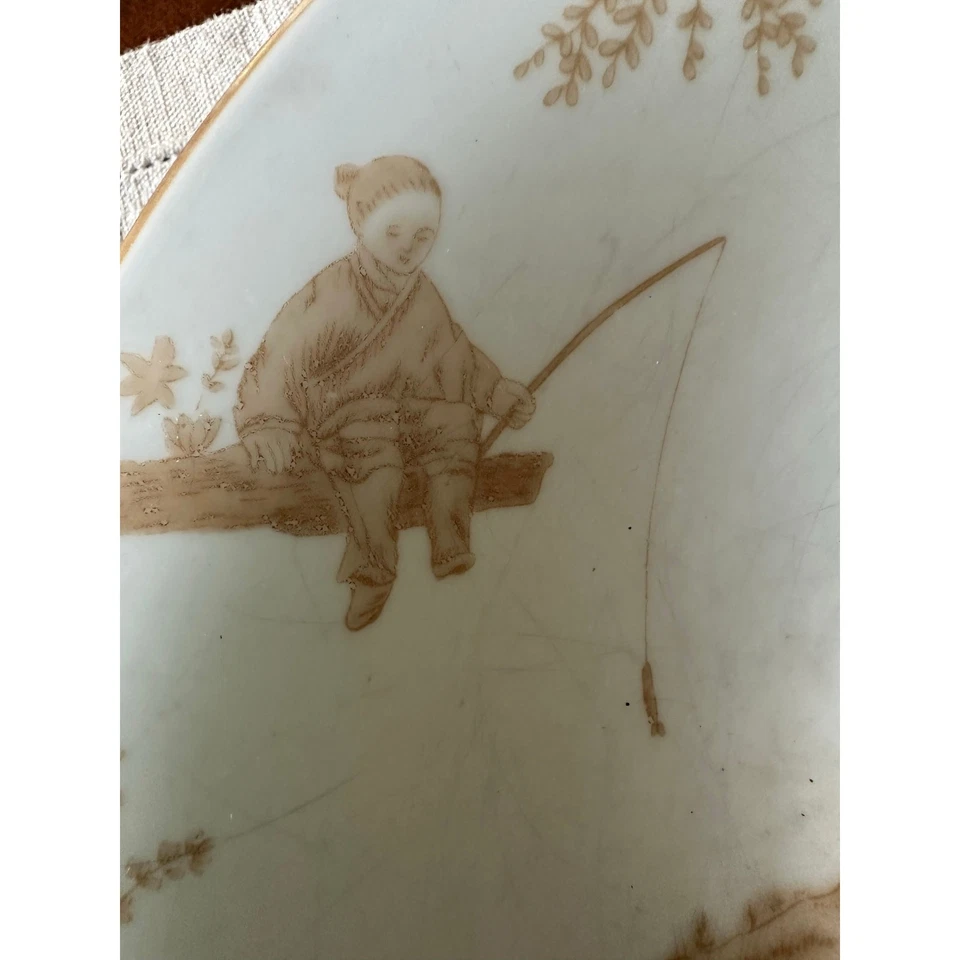 Juego grande de 2 cuencos para servir aseo asiáticos vintage grandes blanco bronceado pesado chinoiserie Foto 3 de 4
