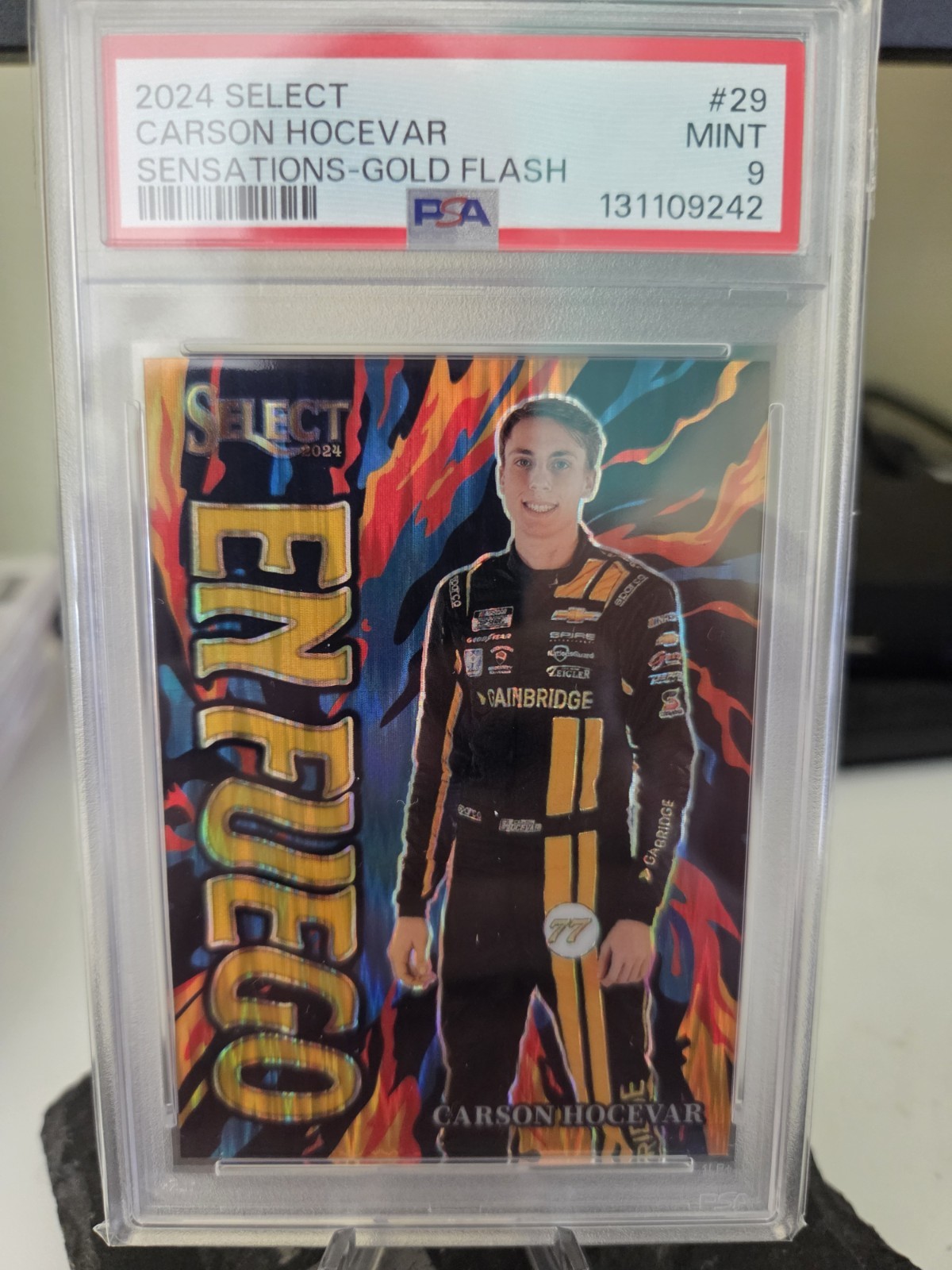 2024 Select Carson Hocevar En Fuego Gold Flash Prizm SSP /10 PSA 9
