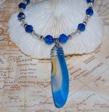 Wire Wrapped Swirl Blue Faux Sea Glass Necklace 20" Handmade Beaded Jewelry