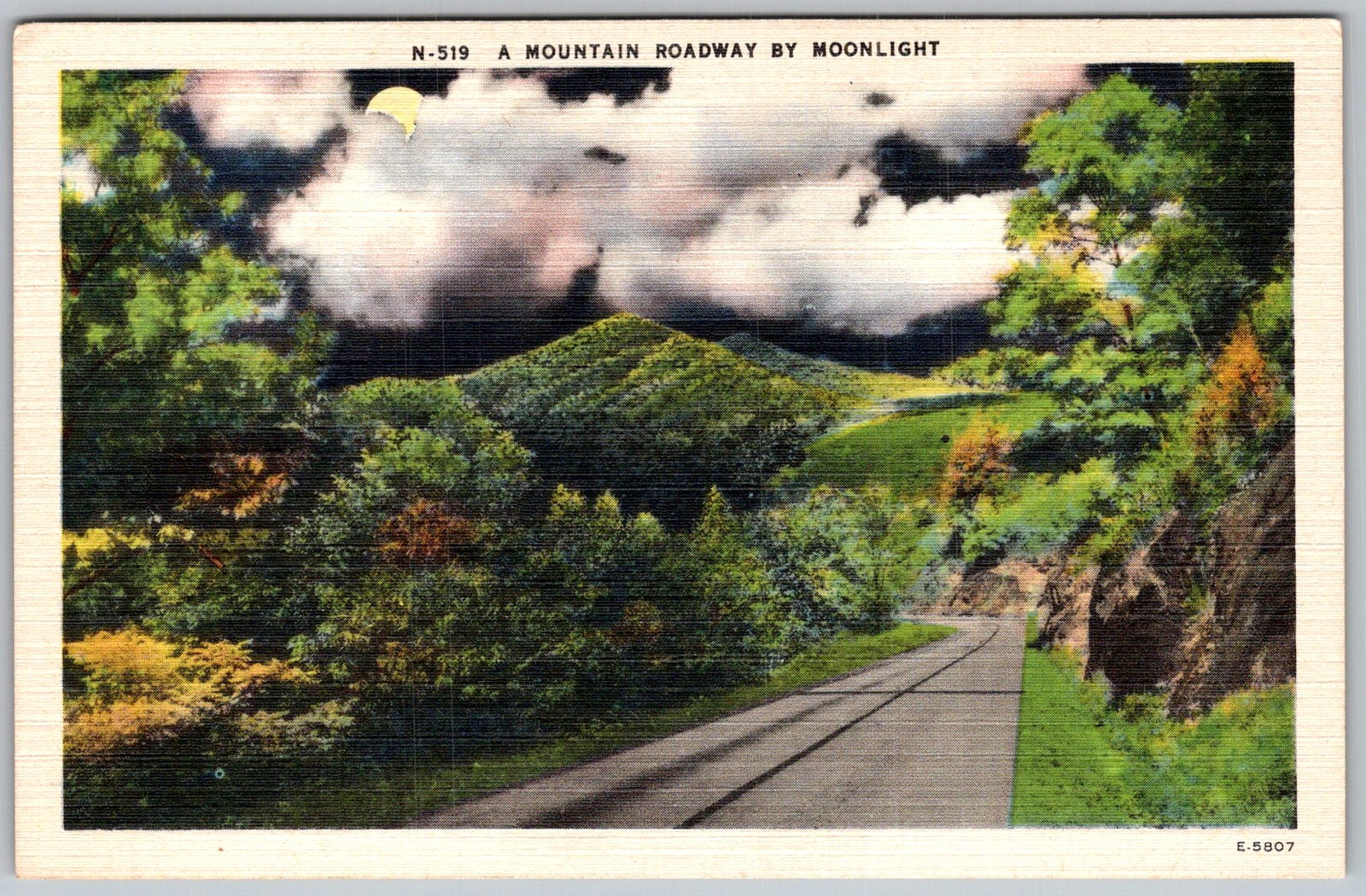 Vtg Linen Postcard Mountain Roadway Moonlight 1930s