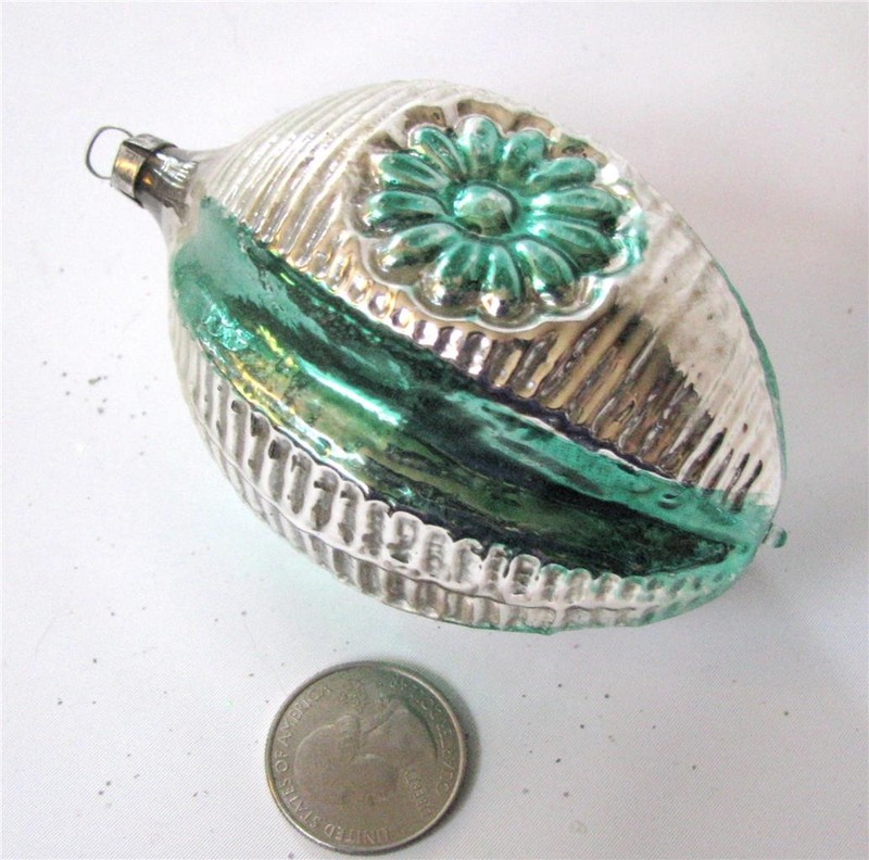Vintage West Germany Glass Xmas Ornament Embossed Flower Ribbed Panels Egg 4"