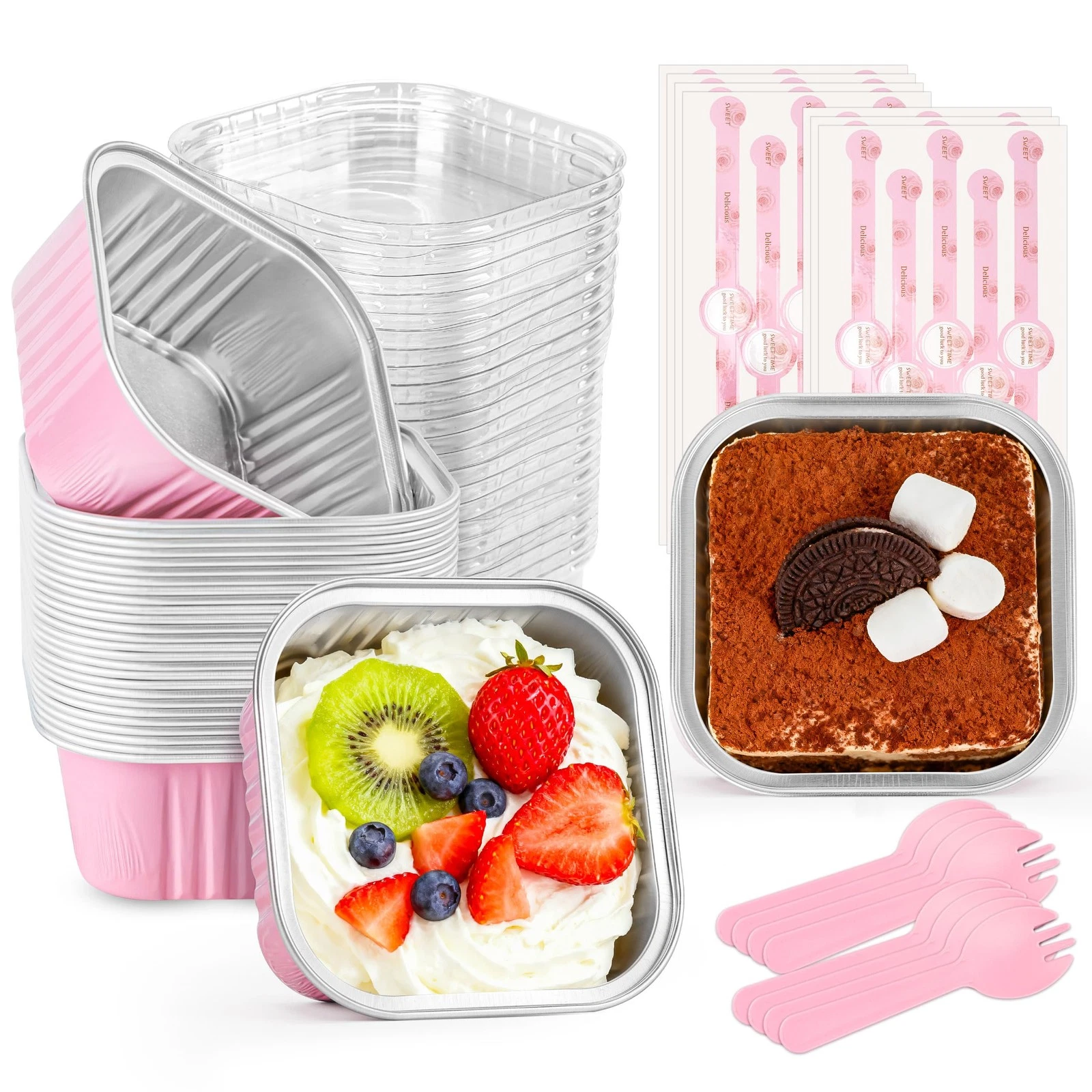 60 Pack Mini Cake Pans with Lids Foil Pans Square Aluminum Pans with Lids Cup...