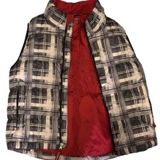 Kids LL Bean Goose Down Puffer Vest Size 8 Blk/Gray Plaid/Red Lining