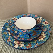 LONGWY Fianc Tea Set Pair - Floral Pattern Tin Glaze - 6 Pcs Total